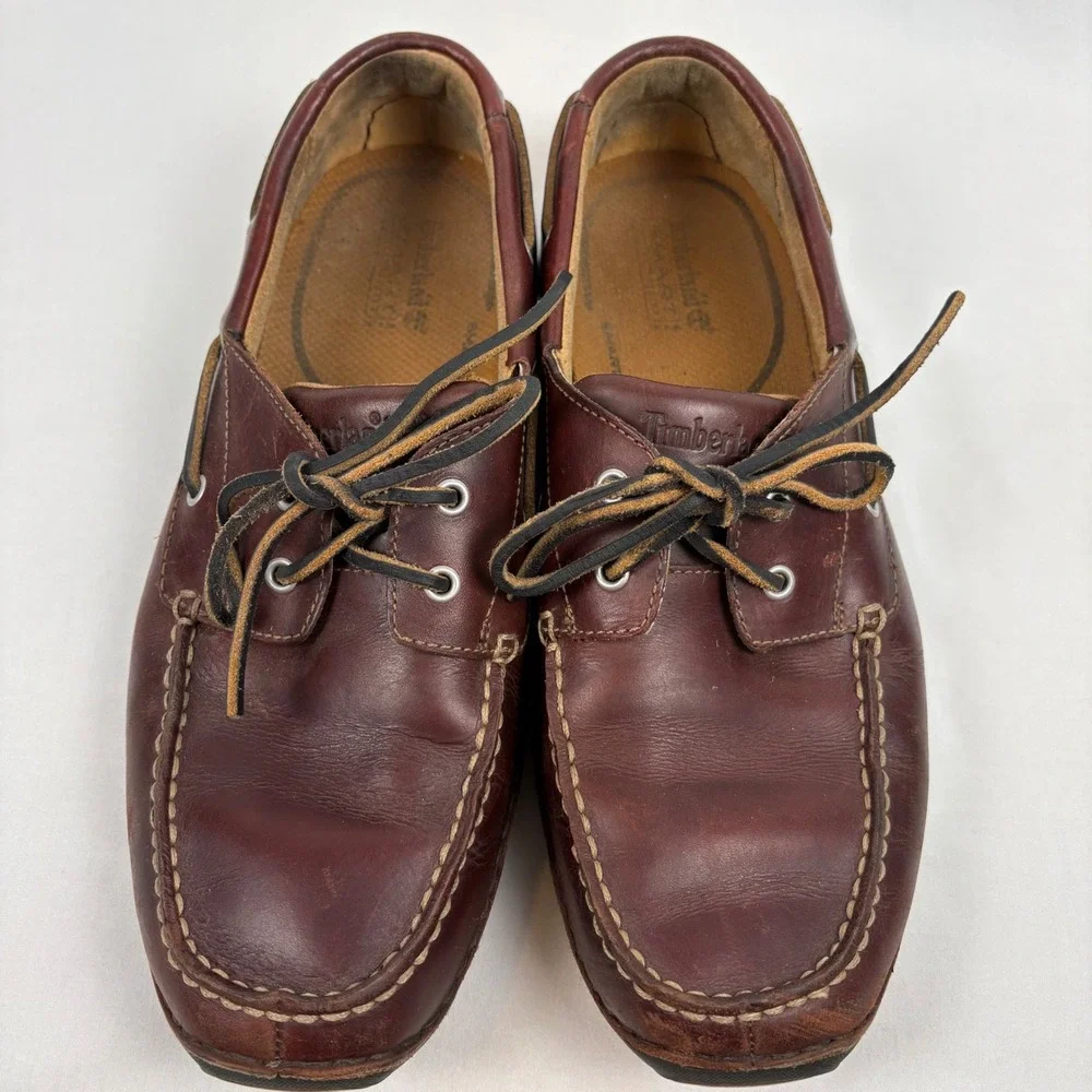 Timberland Boat Shoes Mens 9 Brown Leather Two-Eyed Smart Comfort Casual Loafers